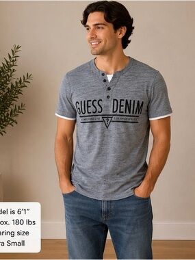 Guess Gray Henley Logo Short Sleeve Tee